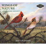 Cover of the 2025 Calendar "Wings of Nature" from MyHomeDecor.ca, featuring artwork by Terry Doughty. The image showcases a male and female cardinal perched on a branch in a forest setting, with the "Pine Ridge Art" logo displayed in the top right corner.