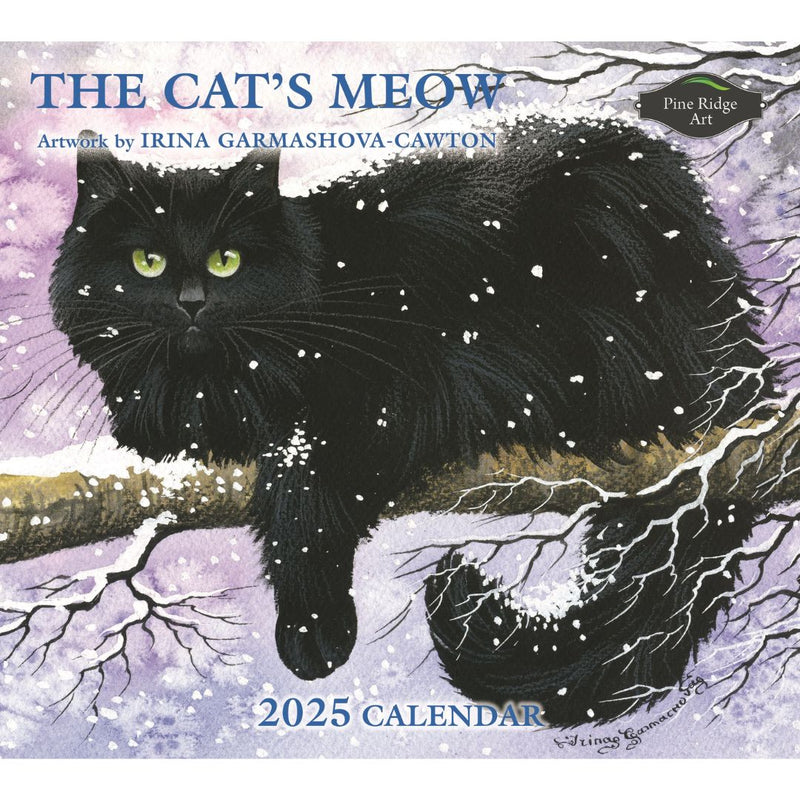 Cover of the "2025 Calendar Cat's Meow" by MyHomeDecor.ca, featuring artwork by Irina Garmashova-Cawton. The illustration shows a black cat with bright green eyes lying on a snow-covered tree branch against a purple sky, with snowflakes gently falling around the cat.