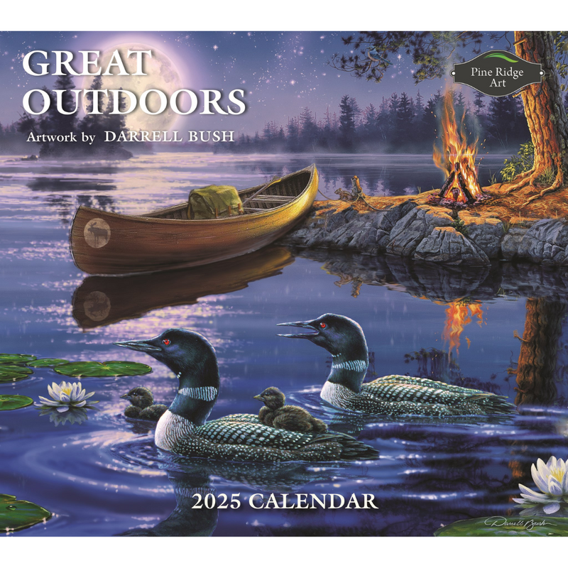 A 2025 calendar cover from MyHomeDecor.ca titled "Great Outdoors" showcases artwork by Darrell Bush, featuring a serene lake scene with two loons and their chicks, a wooden canoe on the shore, a campfire burning beside a tent, all set against a starry sky and lush forest backdrop.