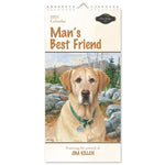 The 2025 Calendar Vertical "Man's Best Friend" by MyHomeDecor.ca is perfect for any dog lover's home. The cover features a painting by Jim Killen of a yellow Labrador Retriever wearing a green collar, set against a forested background with mountains in the distance.