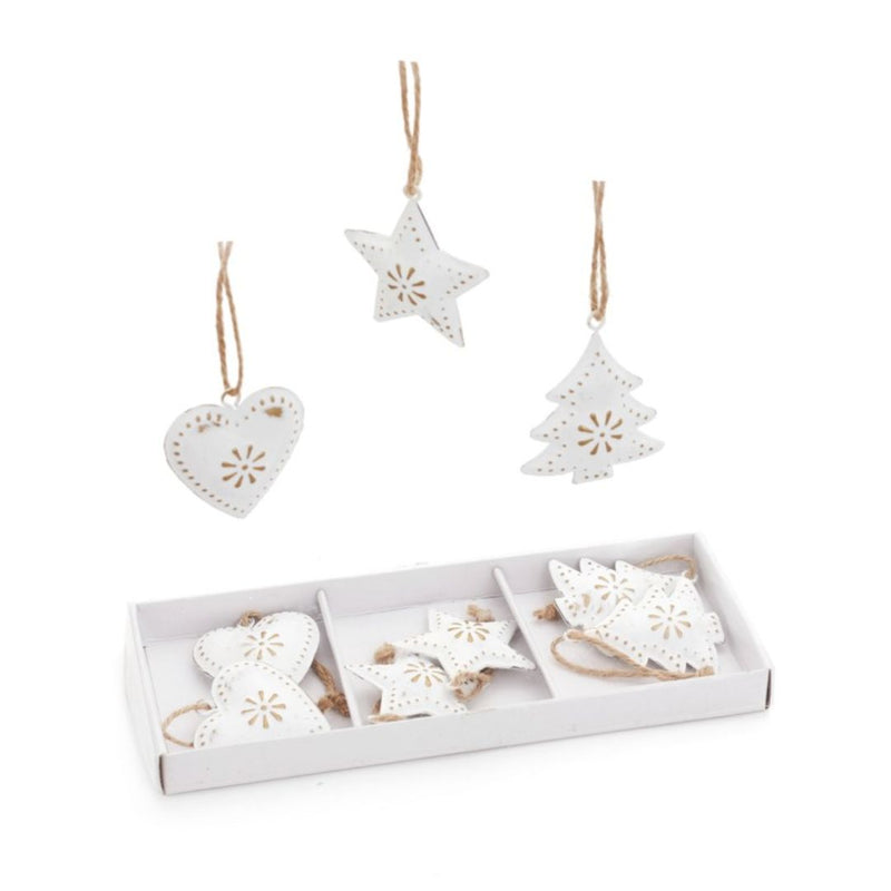 Ornements. S/9 TREE/HEART/STAR METAL - White