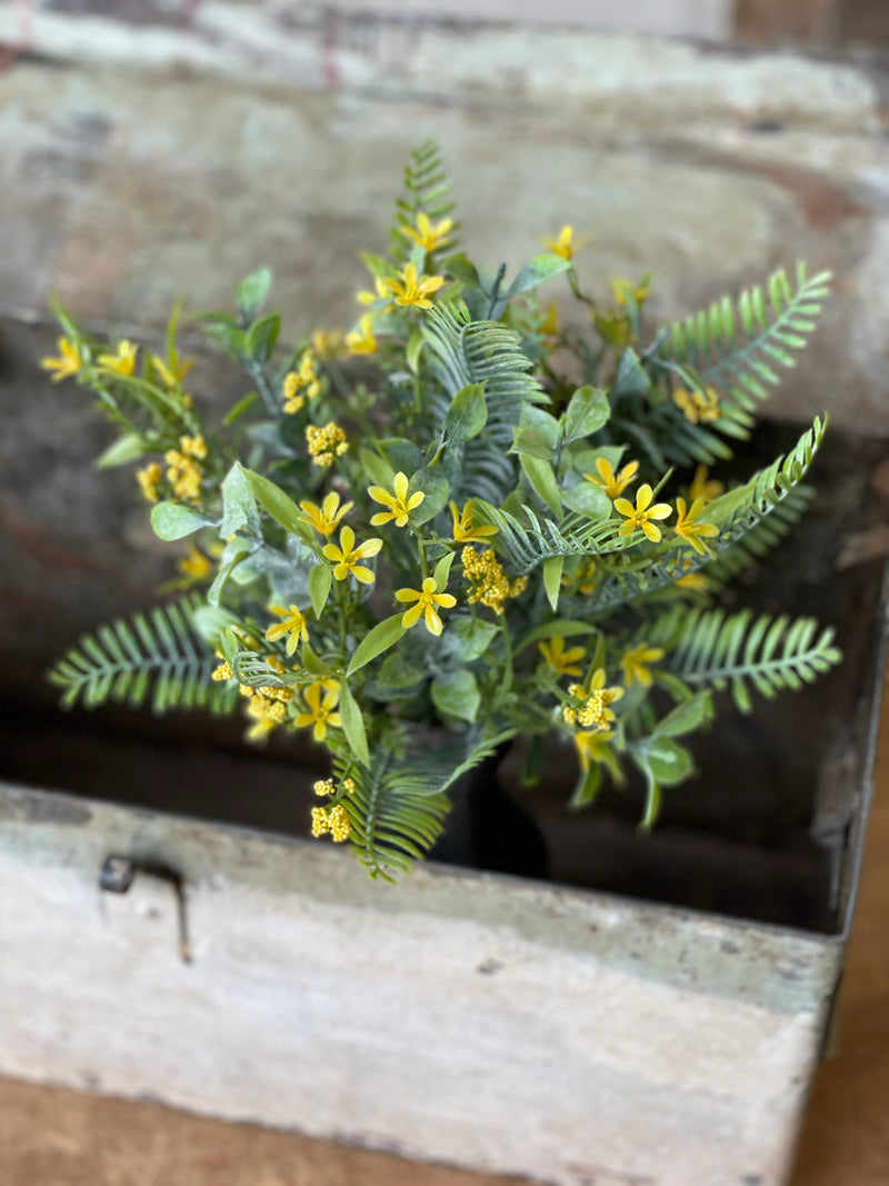 A rustic, weathered metal container holds a vibrant bouquet of petite blooms mixed with airy ferns. The box's worn texture contrasts with the fresh, lively arrangement of the Fernshot Blooms Bush | Yellow by MyHomeDecor.ca, creating a charming, vintage aesthetic.