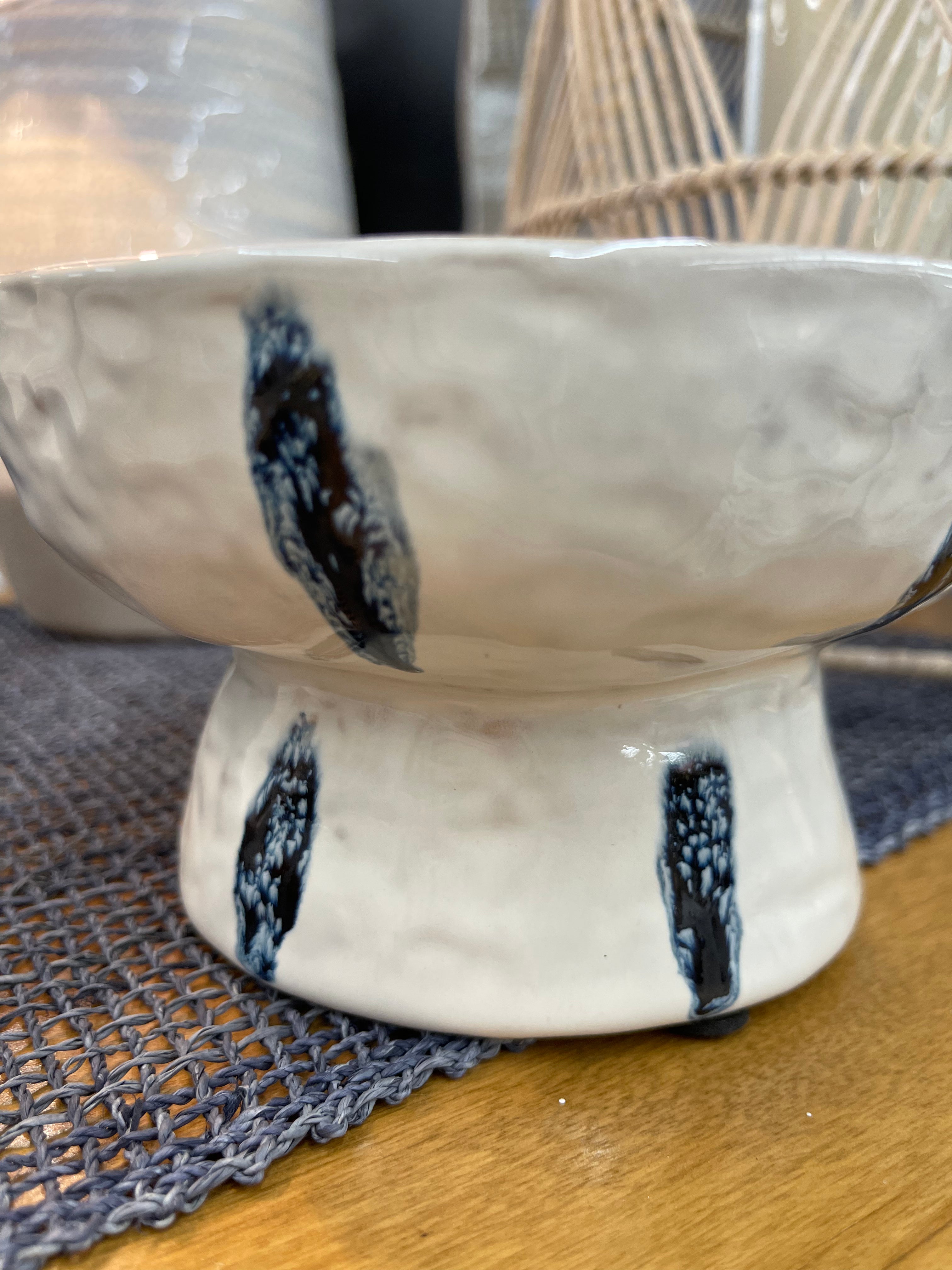 Footed Serving Bowl - White and Navy