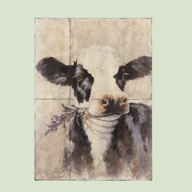 Rustic cow painting with lavender sprig, perfect for farmhouse-style decor, available at our exclusive online boutique