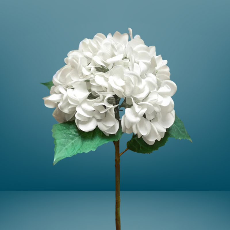 A close-up image of a 19-inch Hydrangea - White bloom with lush green leaves, set against a gradient blue background. The flower's petals are densely clustered, creating a round, full shape on a long, slender stem—a perfect statement centerpiece by MyHomeDecor.ca.