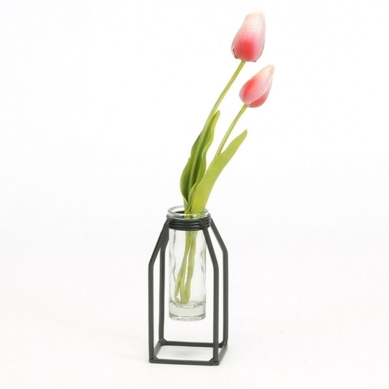 Small Iron Stand Tube Glass Vase - Black