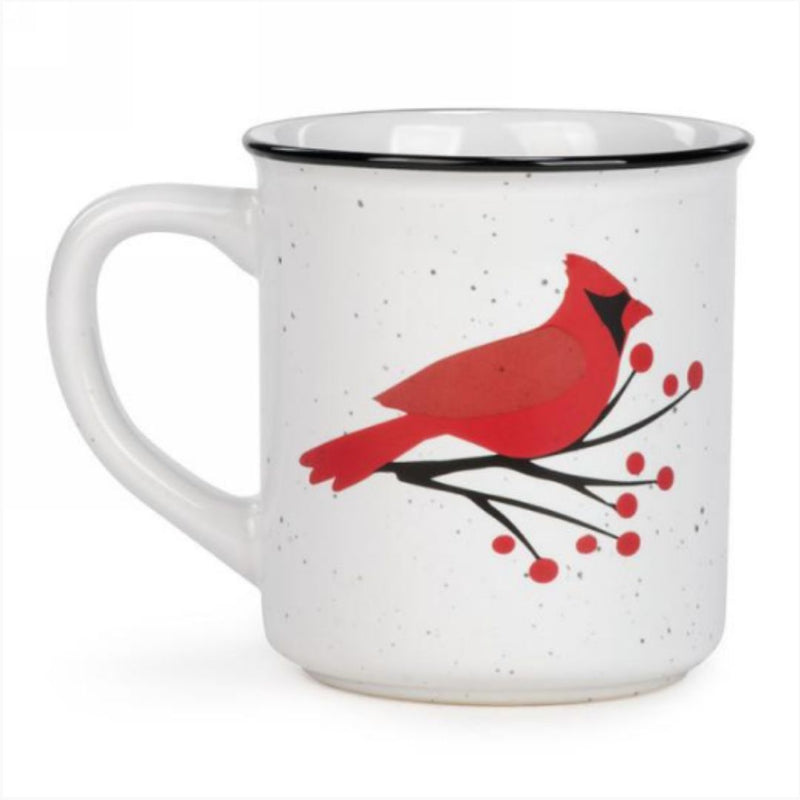 White mug with red bird
