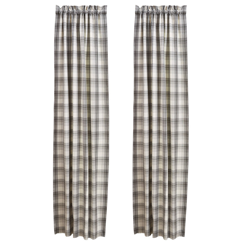 Two rustically charming **Curtain - Limestone Lined Panel Pair** in beige and gray plaid, by **MyHomeDecor.ca**, hang from a rod. The farmhouse aesthetic pattern, featuring horizontal and vertical stripes forming a grid, is both classic and inviting. Drawn closed, the curtains gracefully extend from the top of the rod to the floor.