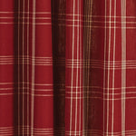 A close-up view of red plaid fabric with vertical and horizontal white lines forming a checkered pattern, perfect for interior decoration. The fabric has slight folds and shading, giving it a textured appearance that would make an excellent window valance: Valance - Arlington by MyHomeDecor.ca.