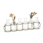 A row of six small, clear glass jars connected by a metal frame. The three jars on the left contain delicate, light orange flowers, while the rightmost jar contains similar flowers with artificial greenery. The remaining jars are empty. This is the "Wire with jars - Black" by MyHomeDecor.ca.