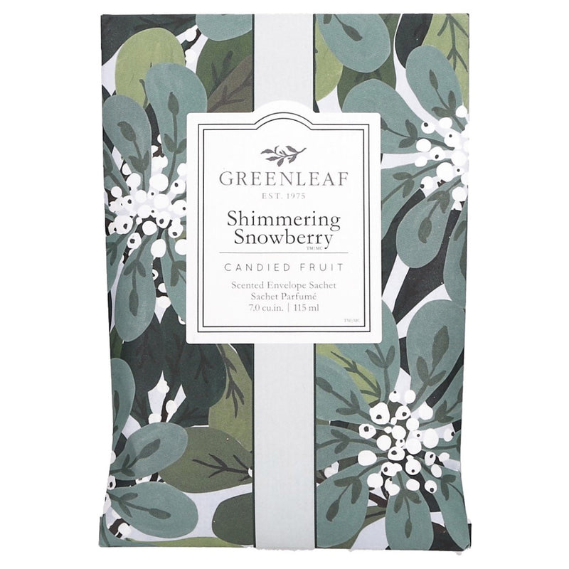 A rectangular package with a floral design featuring green and white leaves. The label reads "GREENLEAF EST. 1975 Shimmering Snowberry Candied Fruit Scented Envelope Sachet Perfumed 70 cu.in. / 115 ml". Experience the luxurious MyHomeDecor.ca fragrance in our Large Sachet - Shimmering Snowberry.