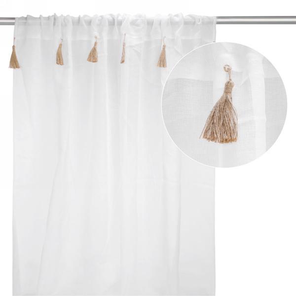 Sheer Curtain with natural tassels - White