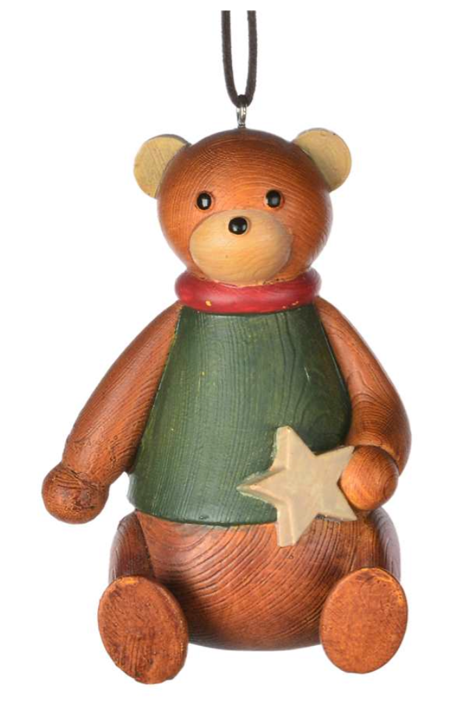 A cute Ornament - Green Teddy Bear made of wood, wearing a green sweater with a red collar, holding a small yellow star in its paw. The bear hangs from a string, ready to be used as a Christmas tree ornament or decorative piece by MyHomeDecor.ca.