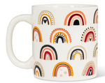 This capacious stoneware mug features colorful rainbow designs in shades of orange, red, black, and gray. Some rainbows include hearts, dots, and small decorative patterns. The rainbows are evenly spaced and cover the entire surface of this Jumbo Mug - Bohemian Rainbow by MyHomeDecor.ca.