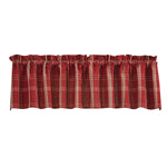 A red and white plaid pattern Valance - Arlington with a ruffled top edge. Designed for interior decoration, the Valance - Arlington by MyHomeDecor.ca has a classic checkered pattern and is meant to be hung above a window. The fabric is gathered at the top, creating a scrunched look.