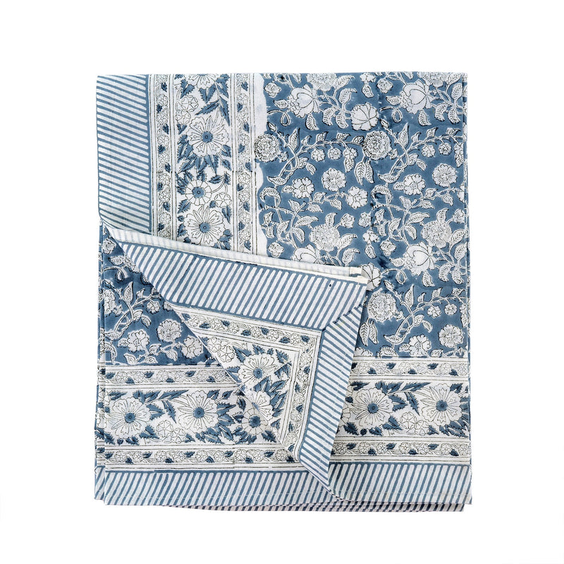 Primrose Block Print Tablecloth - Grey Blue