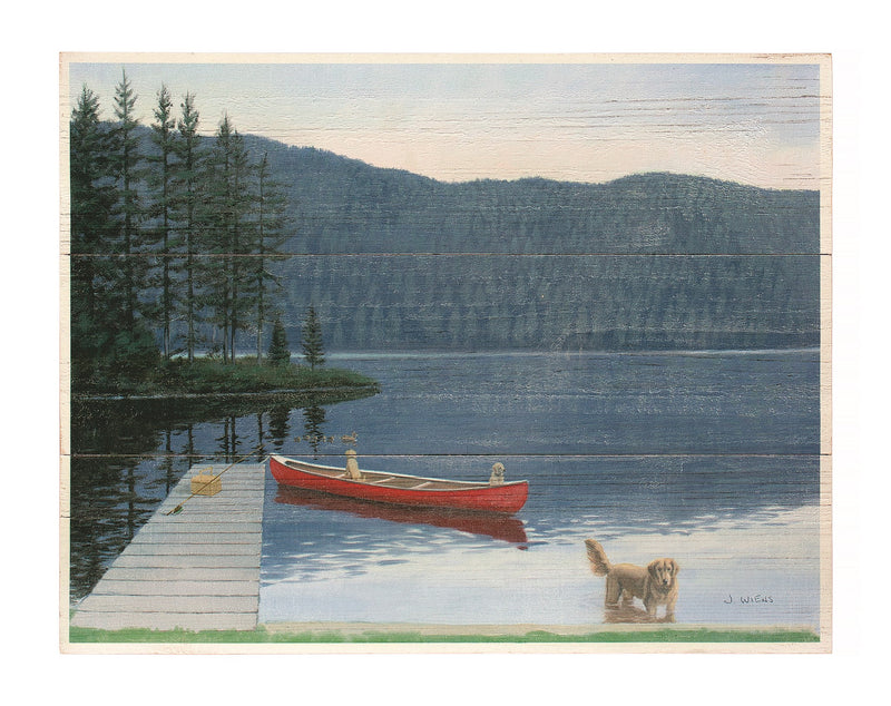 Art mural - lac, canot et chien